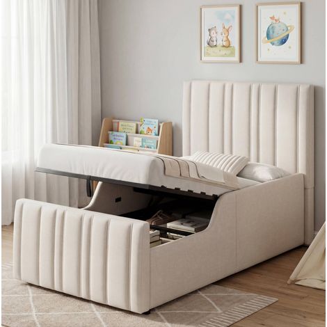Lit enfant 90/200 cm beige en lin avec coffre de rangement hydraulique et tête de lit capitonnée (1/5)