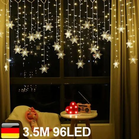 Guirlande lumineuse LED flocon de neige rideau lumineux fenêtre éclairage de Noël réplique 3,5 mètres 96 LED blanc chaud ODIPIE (1/4)