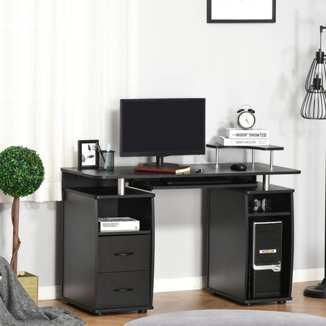 Escritorio para ordenador con estantes y cajón, 120 x 50 x 85 cm, escritorio con espacio de almacenamiento, soporte para impresora y teclado, mesa de estudio para dormitorio, oficina, negro (1/5)