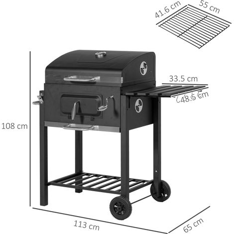 Chariot barbecue à charbon de bois, support en acier inoxydable noir, 113 x 65 x 108 cm, pour jardin et terrasse. (1/5)
