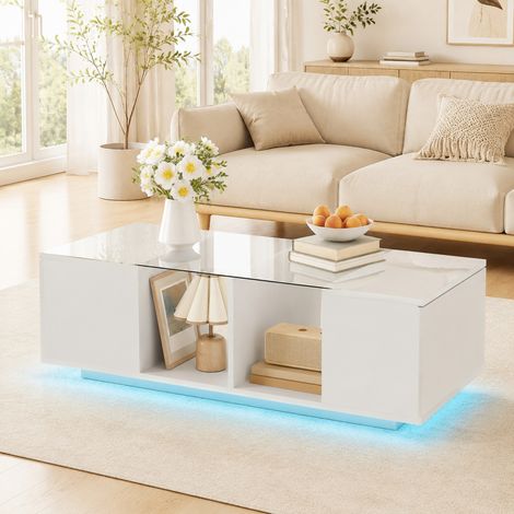 Tavolino da caffè bianco LED 16 colori, piano in vetro, 120 x 50 x 38,5 cm DESVIAE (1/5)
