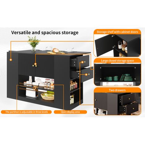 Îlot de cuisine moderne, armoire à couteaux, armoire à vaisselle, armoire à couteaux avec des tiroirs et des étagères. Meuble de rangement pour la cuisine et le salon. En noir. (1/5)