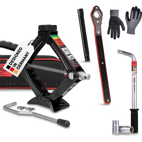 HEYNER® Wagenheber 1t Traglast Scherenwagenheber Set mit Radmutternschlüssel & Montagehandschuhe drehbarer Sattel und Gummiauflage TÜV & GS, 100-348mm