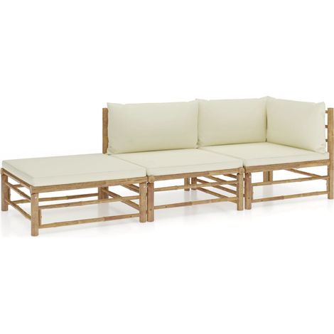 3-tlg. Garten-Lounge-Set mit Cremeweißen Kissen Bambus