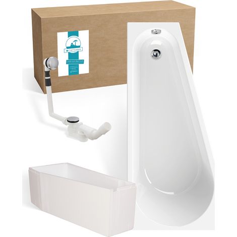 Calmwaters® Raumsparende Eckbadewanne 160x70 cm, Set mit Acrylwanne Essential Small, Wannenträger, Ab- und Überlaufgarnitur, platzsparende Badewanne rechter Ausführung, 160 x 70 cm, Weiß, 99000328 (1/5)