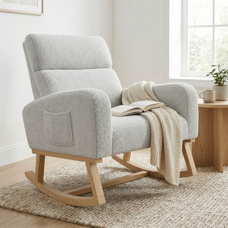 Poltrona a Dondolo, 69x78x87cm, Sedia a Dondolo con Tasche Portaoggetti e Seduta Ampia, Tessuto Orsetto e Legno, Design Scandinavo, Bianco/Grigio