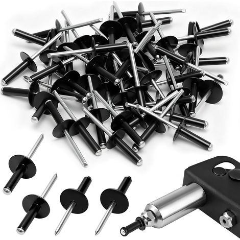 Lot de 50 rivets aveugles à grande bride 4,8 mm x 20 mm, rivets noirs à tête bombée en aluminium pour métal, meubles, bois, plastique, bricolage automobile et utilisation marine (1/5)