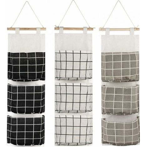 Set of 3 Hanging Storage Bag with 3 Pockets Fabric Wall Shelf Organiser for Bedroom Bathroom Kitchen - Waterproof & Stylish (Black/Grey/White) (1/5)