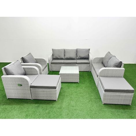 Fimous PE Rattan Garden Furniture Set Adjustable Chair Sofa Double Love Seat 2 Seater Sofa Lounge Set Square Coffee Table 2 Big Footstool Light Grey (1/4)