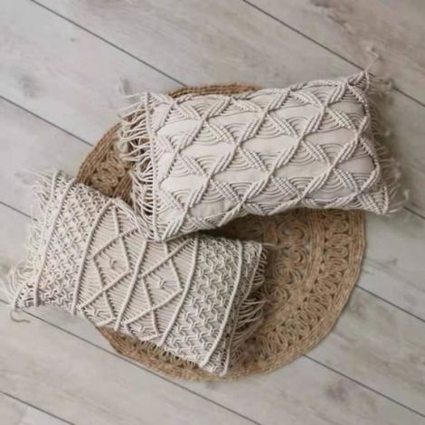 Housse de coussin - Macramé à la main - Coton naturel - Carré - Bleu (1/4)