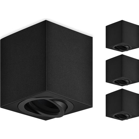 Spots GU10 en Saillie Noir, 80x84mm Spots Plafond Carrés, Orientables 30°, Plafonnier 230V avec Douille GU10, Spots de Surface en Aluminium, Sans Ampoules, 4 Pièces (1/5)