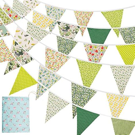 15M/50Ft Guirlande en Tissu, 45 Fanions Coton Vintage Floral Triangle pour Décoration Extérieure Noël Jardin Anniversaire (Vert)