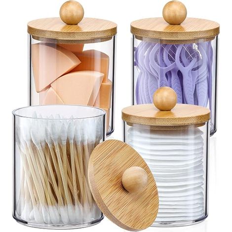 Distributeurs cotons-tiges lot de 4 avec couvercle bambou, pots rangement salle de bain maquillage, accessoires organisation maison (1/5)