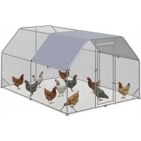 Pour 10 à 12 Poules Grand Enclos Poulailler Extérieur Parc Grillagé en Acier Galvanisé Toit Protecteur 280x380x195cm (1/5)