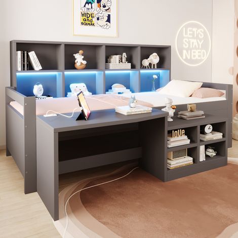 Lit mezzanine bas 90x200 avec bureau et led - pin massif et mdf - 2 usb et prise - armoires intégrées - charge 120kg - gris (1/4)