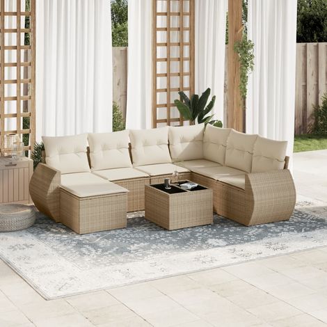 8-tlg. Garten-Sofagarnitur mit Kissen Beige Poly Rattan (1/3)