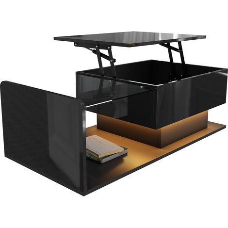 Couchtisch, Hochglanz Schwarz, Beistelltisch, Couchtisch mit Glas und LED-Effekt, mit Glasplatte, Modern Design (1/5)