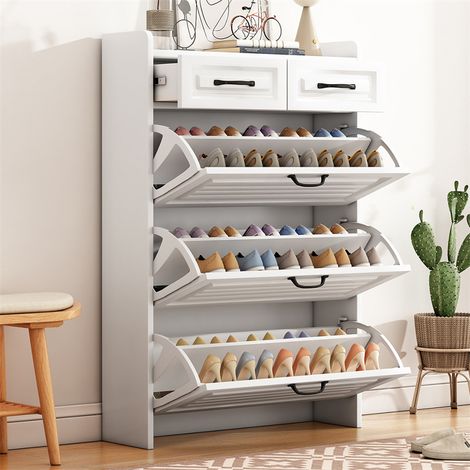 Fortuna Lai – Armoire à chaussures pivotante avec 3 abattants et 2 tiroirs – MDF blanc – Dimensions H120 x L80 x T23.5 cm – Sécurité anti-basculement - 5xH120 (1/5)