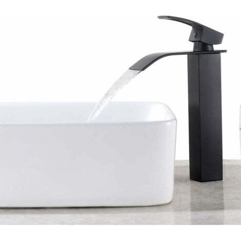 Black Waterfall Sink Faucet, Tall Countertop Bathroom Sink Mixer, Large Square Brass Spout Faucet, Hot and Cold Water Available, Spout Height (1/3)