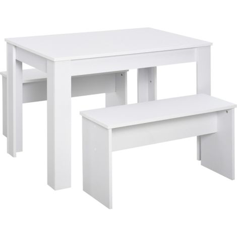 Compact White Kitchen Dining Table Set with 2 Benches for Small Spaces,Perfect for Cozy Dining Areas