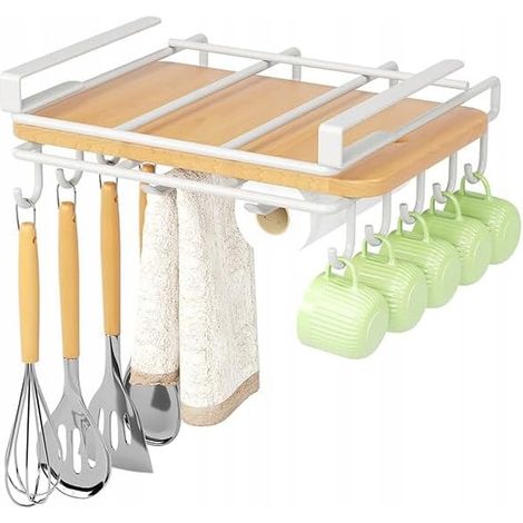 Mensola, supporto appendiabiti per armadietto, organizer da cucina con ganci, bianco OR116B (1/5)