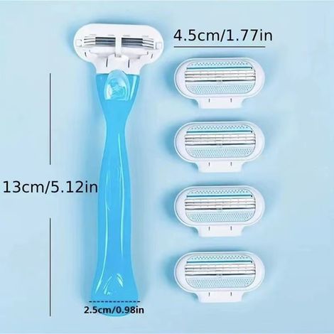 Rasoir de sécurité pour femmes – kit complet avec 4 lames rechargeables en acier inoxydable triple coupe – pour jambes, aisselles, zones sensibles – manche ergonomique bleu (1/3)