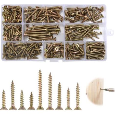 Vis autotaraudeuses à tête plate pour bois - Lot de 360 vis - M3 à M4 - Résistantes à la corrosion et à l'usure (1/4)