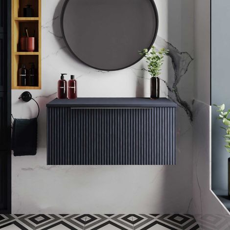 Hudson Reed Fluted Wall Hung 1-Drawer Vanity Unit with Worktop 800mm Wide - Satin Anthracite (1/5)