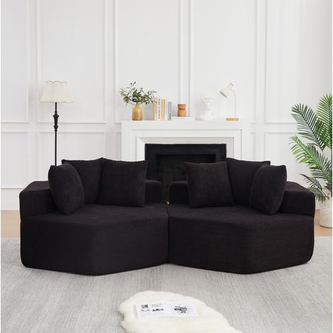 Poltrona modulare esagonale nera in ciniglia con 3 cuscini, design moderno (1/5)
