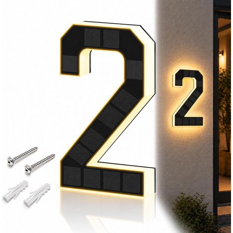 JSSEVN - Numero de Maison Solaire Illuminé pour Extérieur étanche, Plaque de Numéro de Maison Illuminée Solaire, Numéro de Maison Lumineux Noir (2, 23 cm) (1/5)