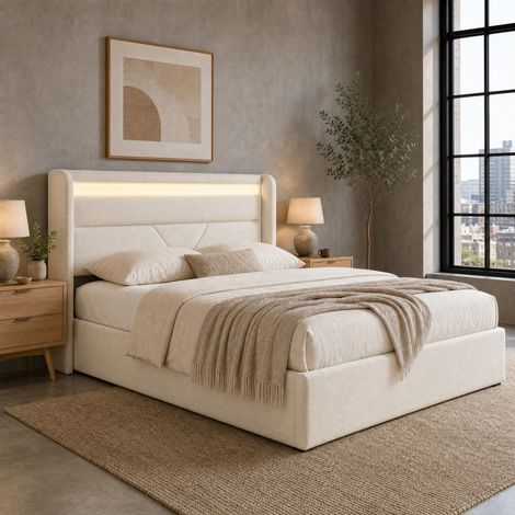 Letto contenitore 140 x 200 cm con LED e telecomando, PU bianco DESVIAE (1/5)