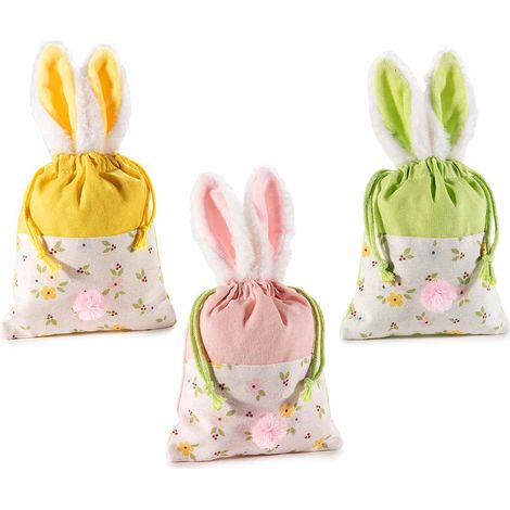 Sacchetti con orecchie da coniglio in stoffa decorata e tirante con pompon, set da 18 pezzi, cm15x17,5H (al tirante15)