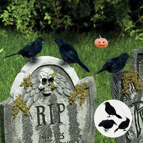 Lot de 3 corbeaux d'Halloween en plumes artificielles, décorations réalistes pour Halloween, pour la décoration de l'atmosphère (1/5)
