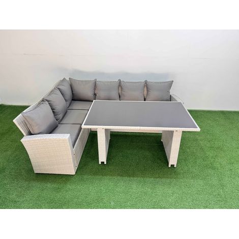 Fimous 6 Seater Wicker Rattan Corner Sofa Sets Outdoor Garden Furniture Sets with Rectangular Dining Table Lounge Sofa Light Grey (1/5)