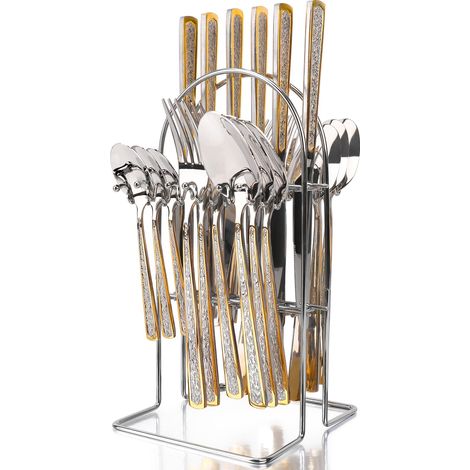 Service de couverts dorés 24 pièces, ensemble de couverts en acier inoxydable avec support, service pour 6 personnes, ensemble de vaisselle poli miroir pour cuisine à la maison, mariage, fêtes, annive (1/5)