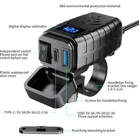 Chargeurs de téléphone de moto PD3.0 + QC3.0 Dispositif de charge rapide Adaptateur SAE vers USB étanche avec interrupteur marche/arrêt Affichage de la tension en temps réel pour téléphone, tablette, (1/5)