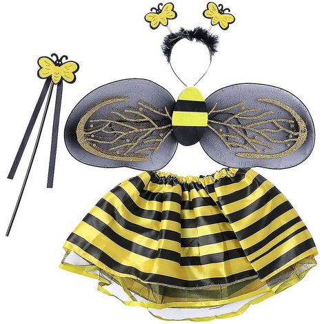Ensemble de 4 pièces : déguisement d'abeille, bandeau, baguette magique, tutu et jupe. Tenue de fée pour fille (abeille). (1/3)