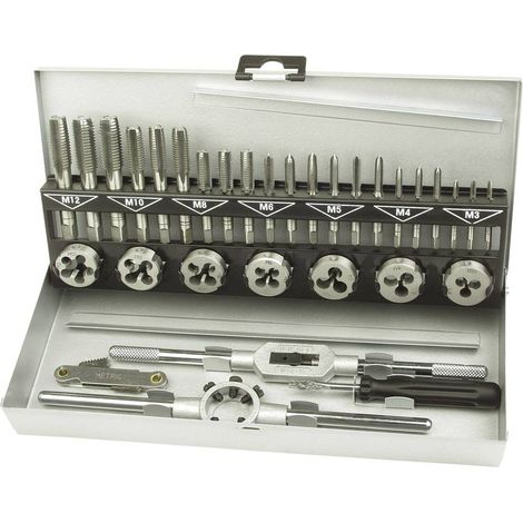 Brüder Mannesmann – Coffret tarauds et filières 32 pièces – 21 tarauds en acier – Boîte métallique robuste – Pour filetages internes et externes