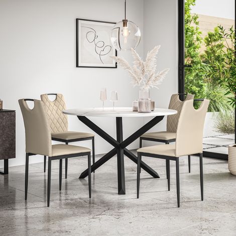 Malvern Round Dining Table And Chairs -  Marble Table Top w Solid Oak Black Legs + Monza Faux Leather Dining Chair Set Of 4 (Beige) (1/5)
