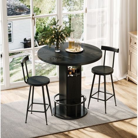 Ensemble table haute ronde 80 cm avec 2 tabourets, 3 pièces, panneau de particules et acier, noir (1/5)