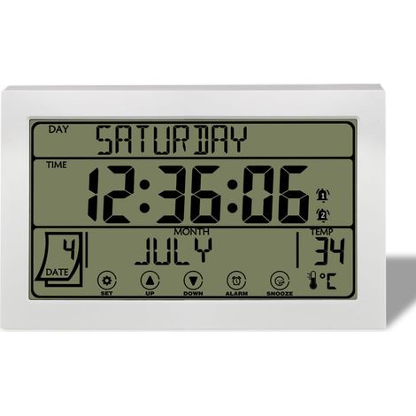 Réveil de Table Mural Multifonction avec Grand Écran LCD Tactile - Horloge Numérique avec Affichage Complet du Jour de la Semaine, Calendrier, Température Intérieure et Double Alarme - Pour Chambre, S