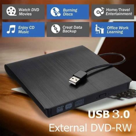 Lecteur Graveur DVD CD Externe USB 3.0 Ultra Slim Portable - Noir - Plug and Play - Haute Vitesse (1/4)