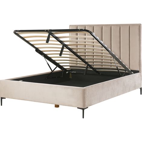 Cama con almacenaje cabecero acolchado patas negras metal terciopelo gris pardo 160 x 200 cm SEZANNE