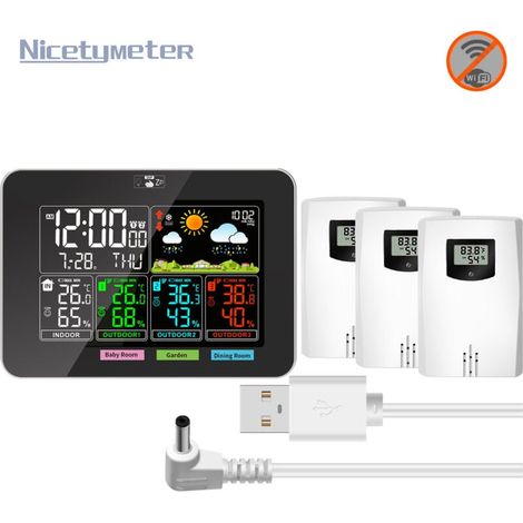 Station Météo sans Fil avec 3 Capteurs, Thermomètre Hygromètre Numériques Intérieure/Extérieure, Ecran LCD Couleur, avec Calendrier l'horloge Réveil Snooze Prévisions Température Humidité (1/4)