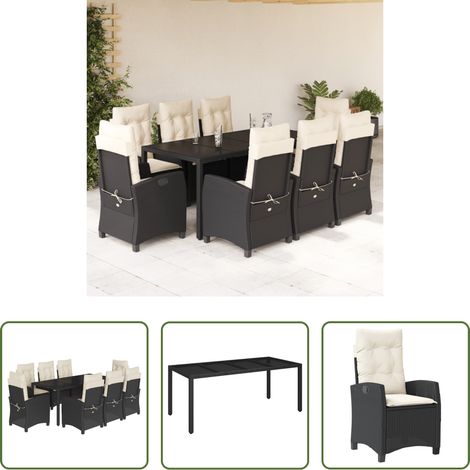 Gartentisch - 9-tlg. Garten-Essgruppe mit Kissen Schwarz Poly Rattan (1/5)