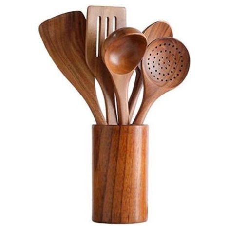 Lot de 6 ustensiles de cuisine en bois d'acacia – Spatules anti-rayures et durables pour ustensiles de cuisine antiadhésifs – Spatule en bois écologique et ergonomique et support de poêle (1/4)