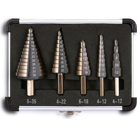 Lot de 5 forets étagés métriques 44 tailles - Acier rapide HSS - Revêtement titane - Unibit conique multi-trous pour métaux (DE-STEP) (1/5)