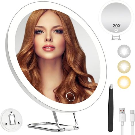 Miroir Grossissant 20X avec Lumière: Mirroir Maquilleur Lumineux Rechargeable avec 3 Ventouses et Pince à épiler, Miroir loupe de Voyage Compact à Main pour Maquillage, Rotation à 360° (1/5)