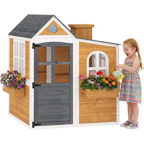 Cabane enfant extérieur en bois, maison enfant extérieure/intérieure avec porte, fenêtres, 3 bacs à fleurs, jaune (1/5)