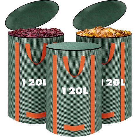 Lot de 3 sacs à déchets de jardin de 120 l, solides, autoportants, avec couvercle et poignées, réutilisables, ramasse-feuilles verts, ramasse-feuilles pour coupe verte, tonte de gazon (1/5)